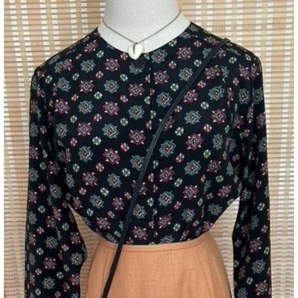 Vintage Navy Floral Button-Up Long Sleeve Blouse - Picture 1 of 9